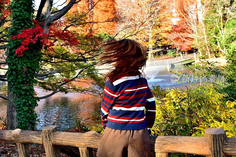 年轻的日本女人在猪城公园放松/享受秋天的颜色